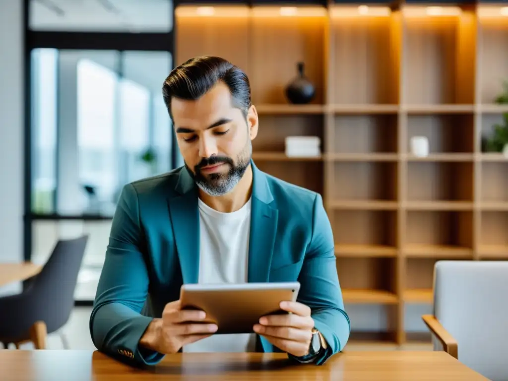 Empresario ecommerce revisa impuestos en tablet Empresario del comercio electrónico enfrentando retos tributarios en España, en una oficina moderna y profesional