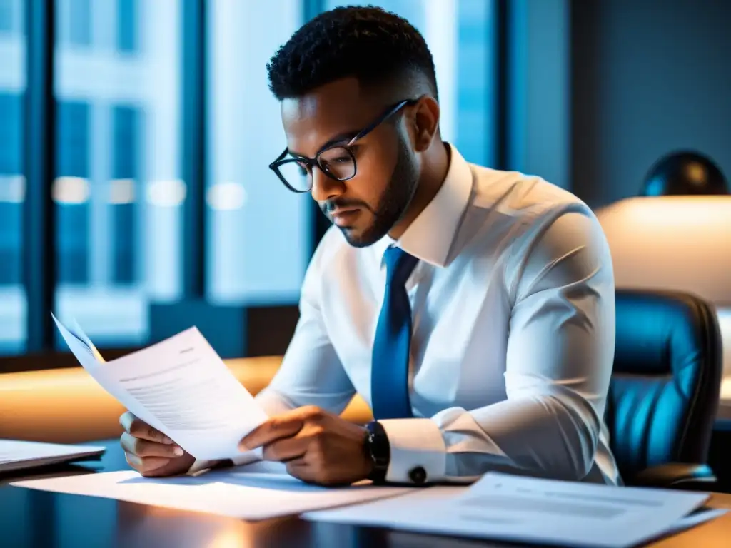 Profesional revisando documentos financieros en oficina moderna Un empresario revisa documentos financieros con atención en un elegante escritorio