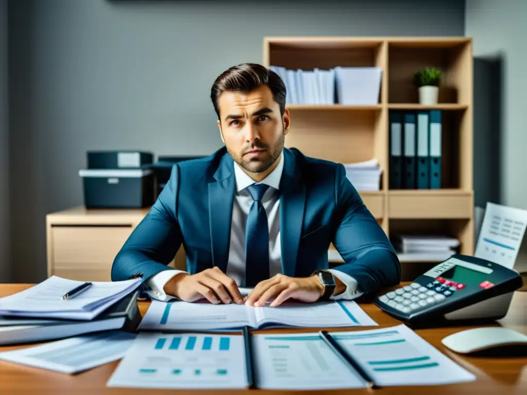 Empresario enfocado resolviendo deudas fiscales Empresario enfocado resolviendo deudas tributarias con soluciones prácticas en oficina ordenada
