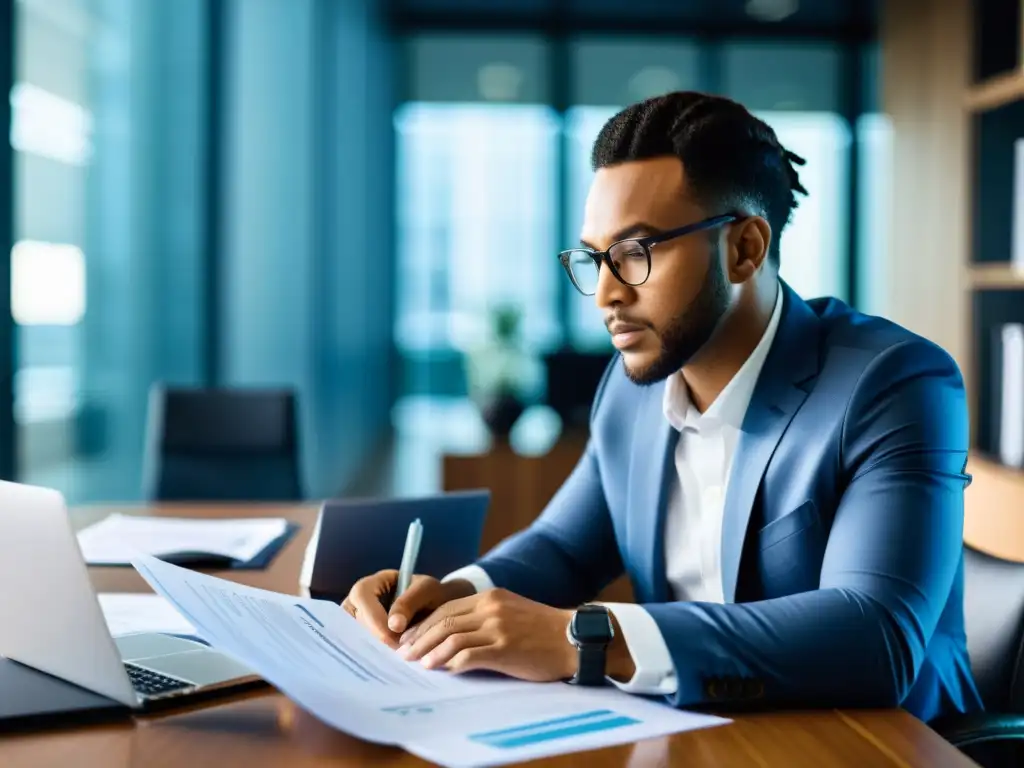 Emprendedor resolviendo deudas fiscales con determinación Empresario enfocado revisando documentos financieros con determinación, en una oficina moderna con luz natural