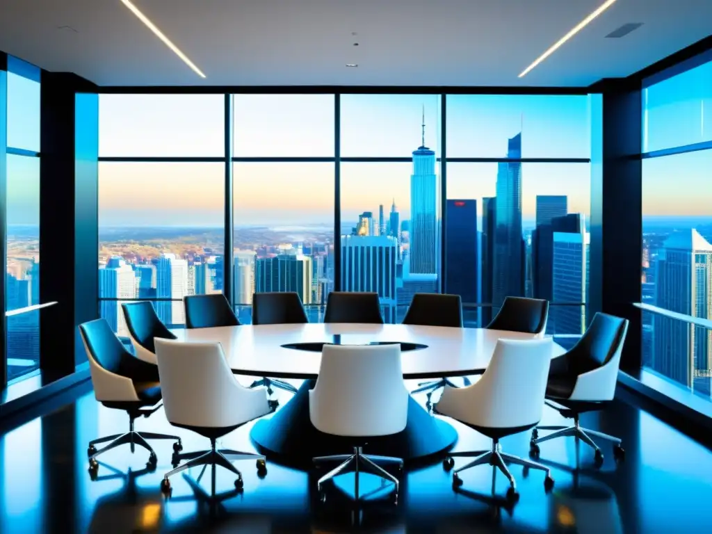 Sala de juntas moderna con vista a la ciudad y profesionales en acción Empresas que transformaron sus finanzas: Sala de juntas moderna con vista a la ciudad y profesionales en discusión estratégica