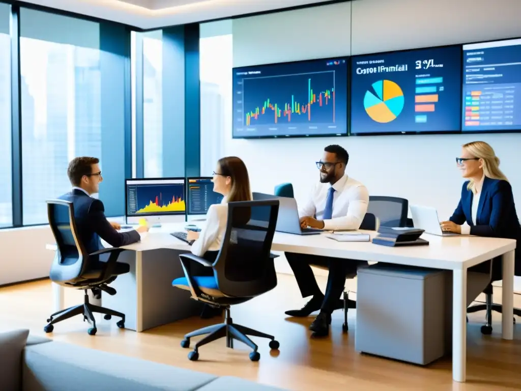 Equipo de asesores fiscales en acción Un equipo de asesores fiscales colabora en una oficina moderna, analizando datos financieros con software avanzado