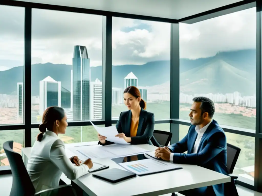 Equipo de consultores tributarios en una oficina moderna de Colombia Un equipo de asesores tributarios en Colombia revisa documentos financieros en una oficina moderna con vista a la ciudad