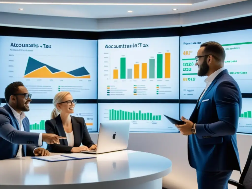 Expertos fiscales analizan informes financieros en oficina moderna Equipo de asesores tributarios discutiendo informes financieros en una oficina moderna