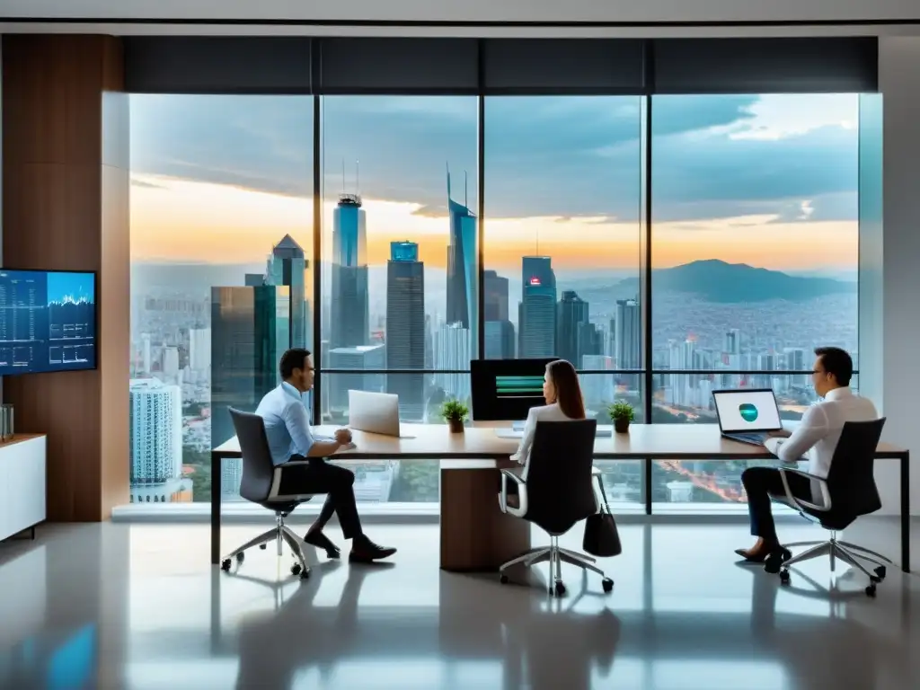 Expertos en impuestos y contabilidad en Bogotá Equipo de asesores tributarios en oficina moderna con vista panorámica de la ciudad, revisando informes financieros y documentos fiscales