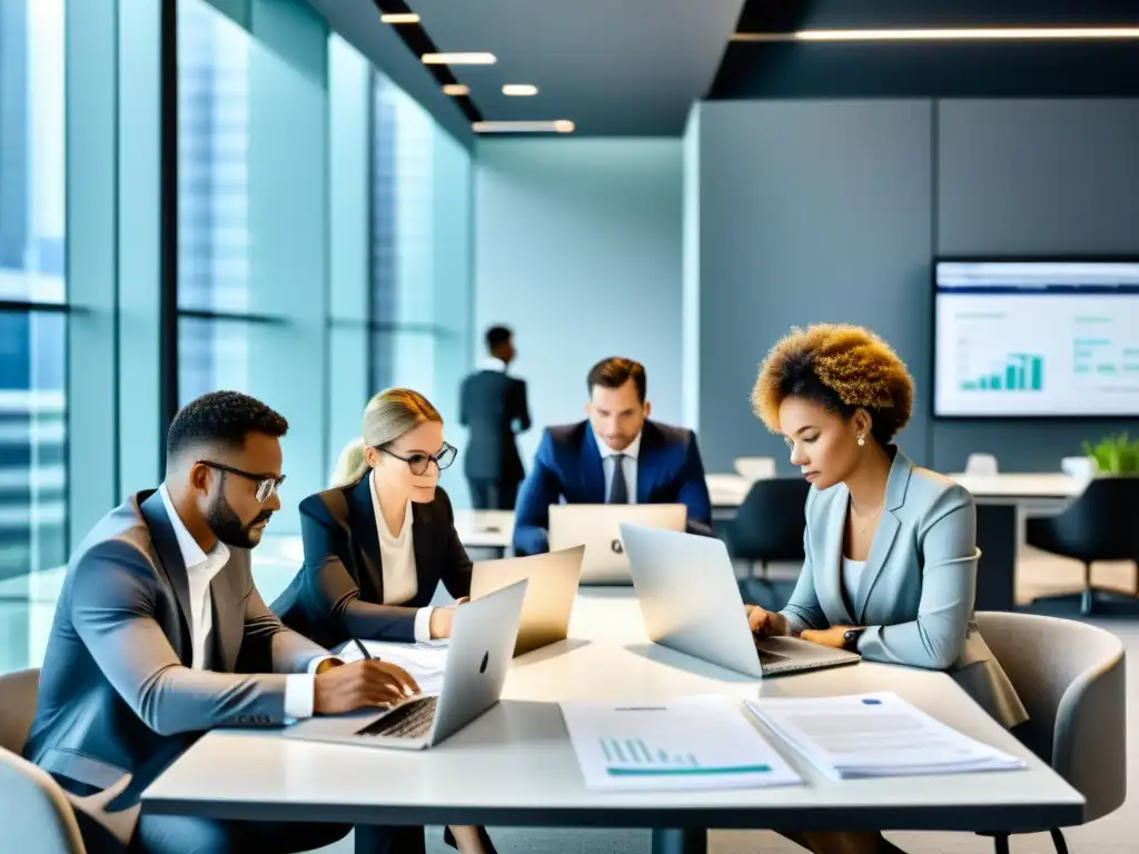 Equipo de auditores profesionales revisando documentos financieros Equipo de auditores y contadores profesionales revisando documentos financieros en una oficina moderna