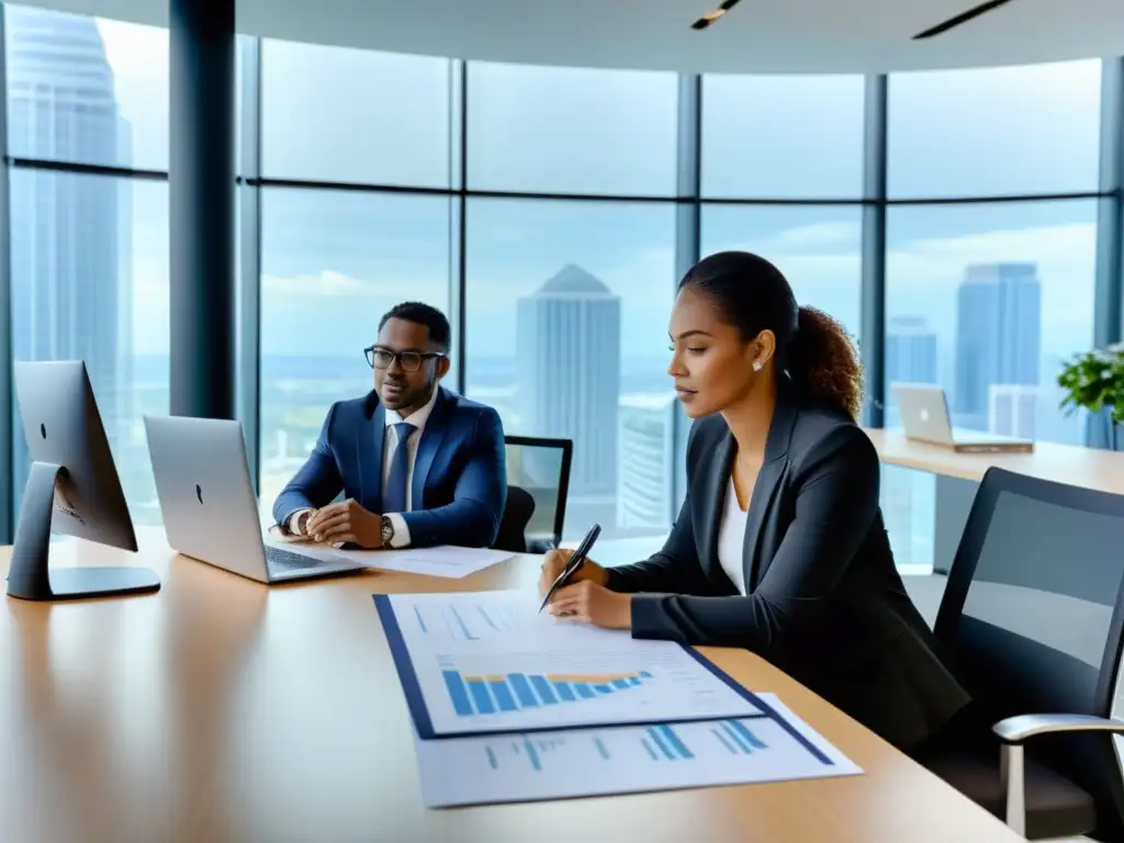 Profesionales auditan documentos financieros en oficina moderna Un equipo de auditores profesionales revisando documentos financieros en una oficina moderna, rodeados de pantallas con datos financieros