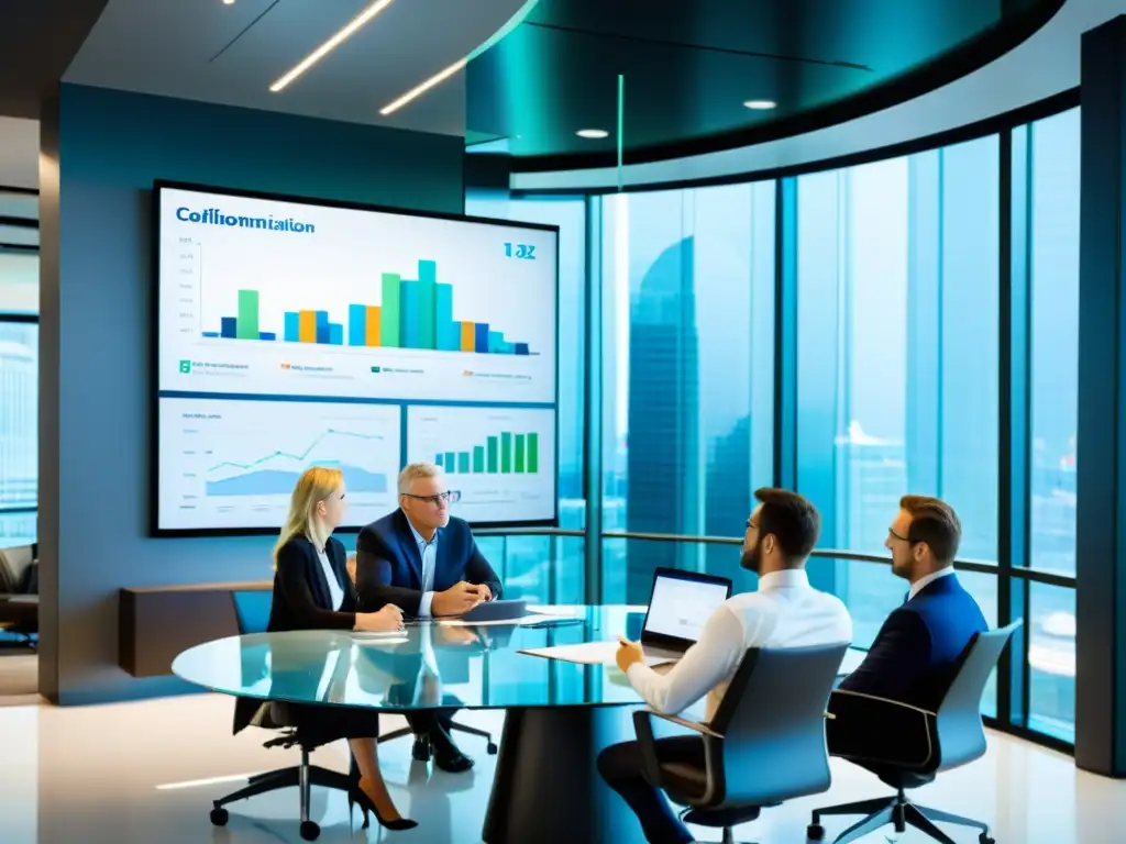 Consultores fiscales analizando estrategias en oficina moderna Un equipo de consultores fiscales analiza documentos financieros en una moderna oficina