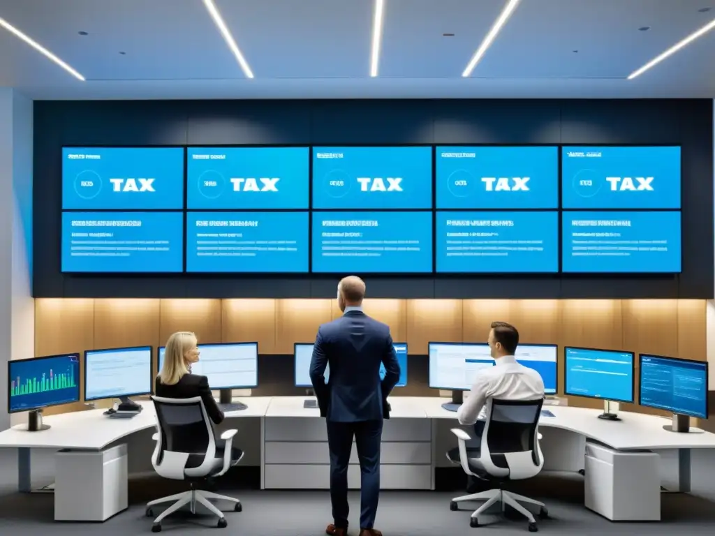 Equipo de Consultores de Impuestos en Oficina Moderna Un equipo de consultores tributarios en una oficina contemporánea, rodeados de pantallas digitales con boletines electrónicos