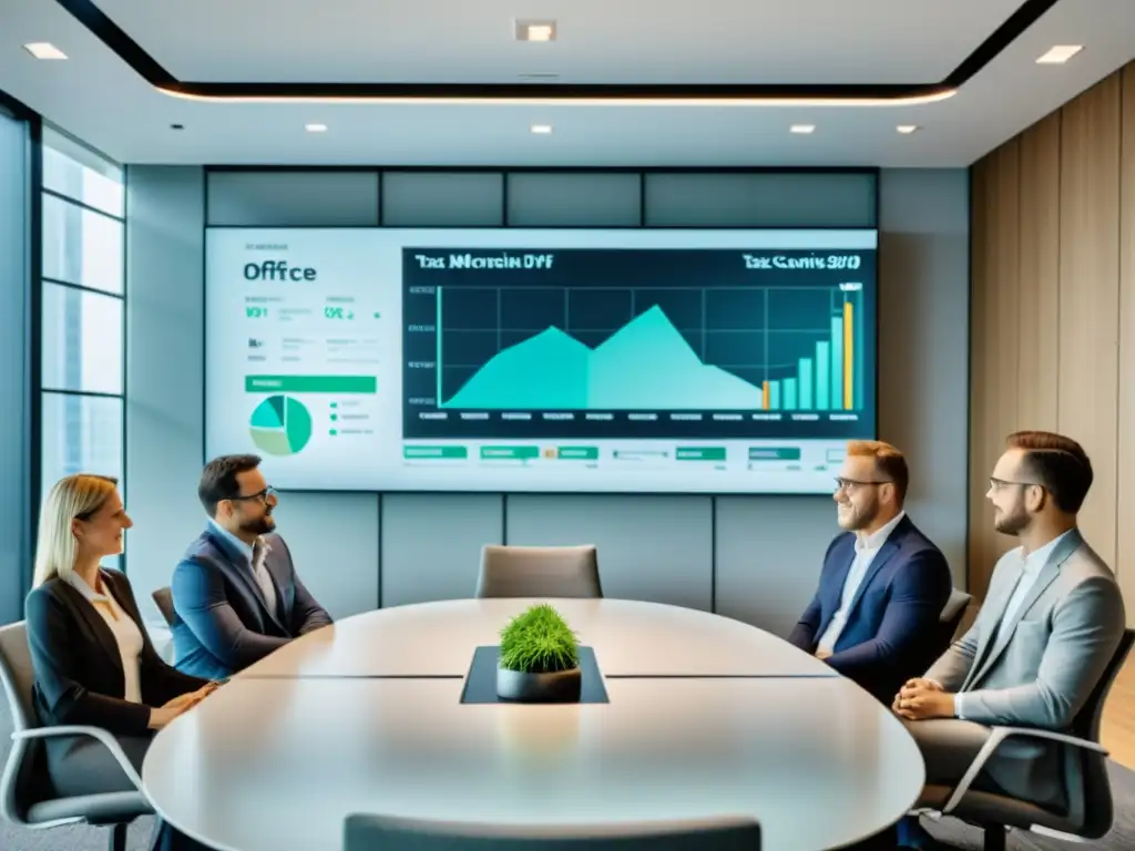 Consultores fiscales innovadores debatiendo estrategias digitales Equipo de consultores tributarios en una reunión de transformación digital en gestión tributaria, colaborando en una oficina moderna y luminosa