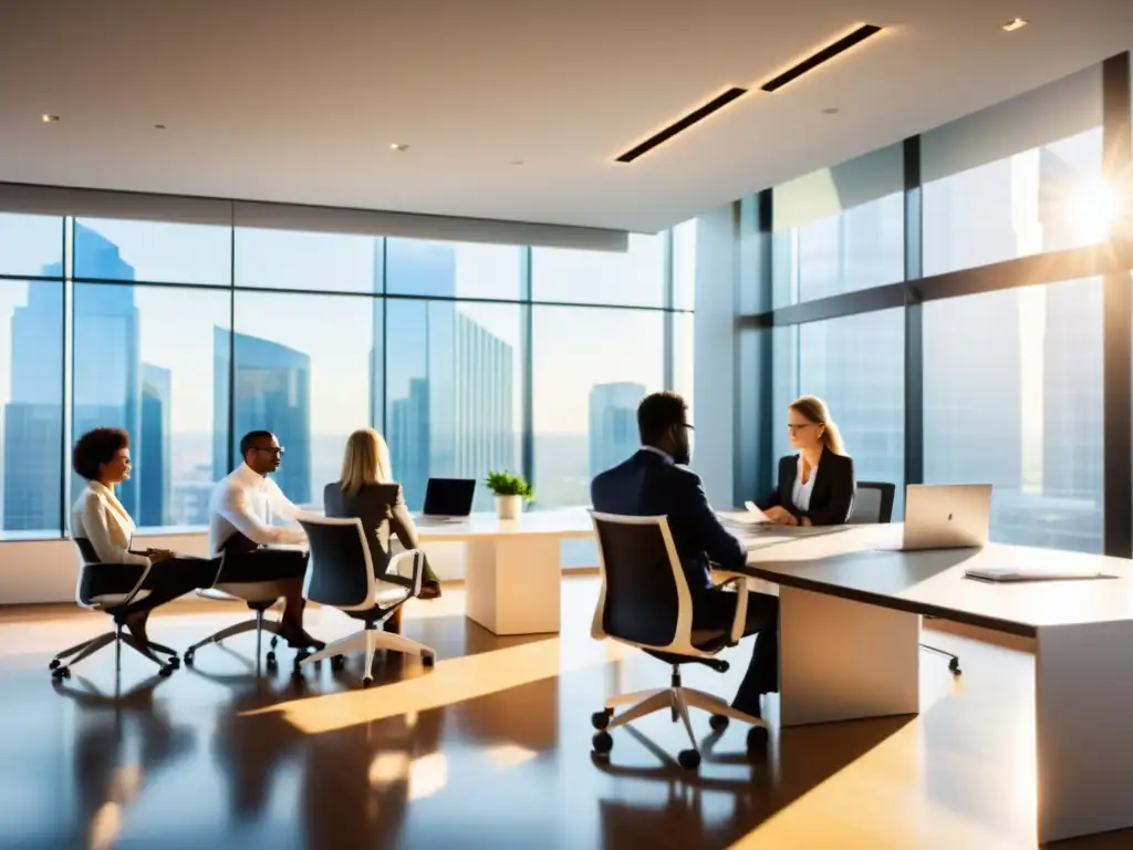 Equipo de contadores y asesores fiscales colaborando en una oficina moderna Equipo de contadores y asesores fiscales en oficina moderna, discutiendo estrategias para respuesta efectiva auditorías fiscales emprendedores