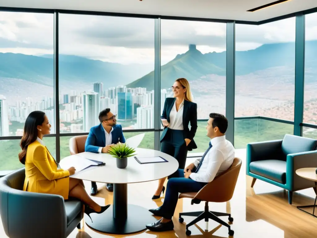 Expertos en impuestos debaten en oficina moderna en Colombia Equipo de contadores discutiendo leyes tributarias en una oficina moderna en Colombia, ofreciendo asesoría tributaria para empresas en Colombia