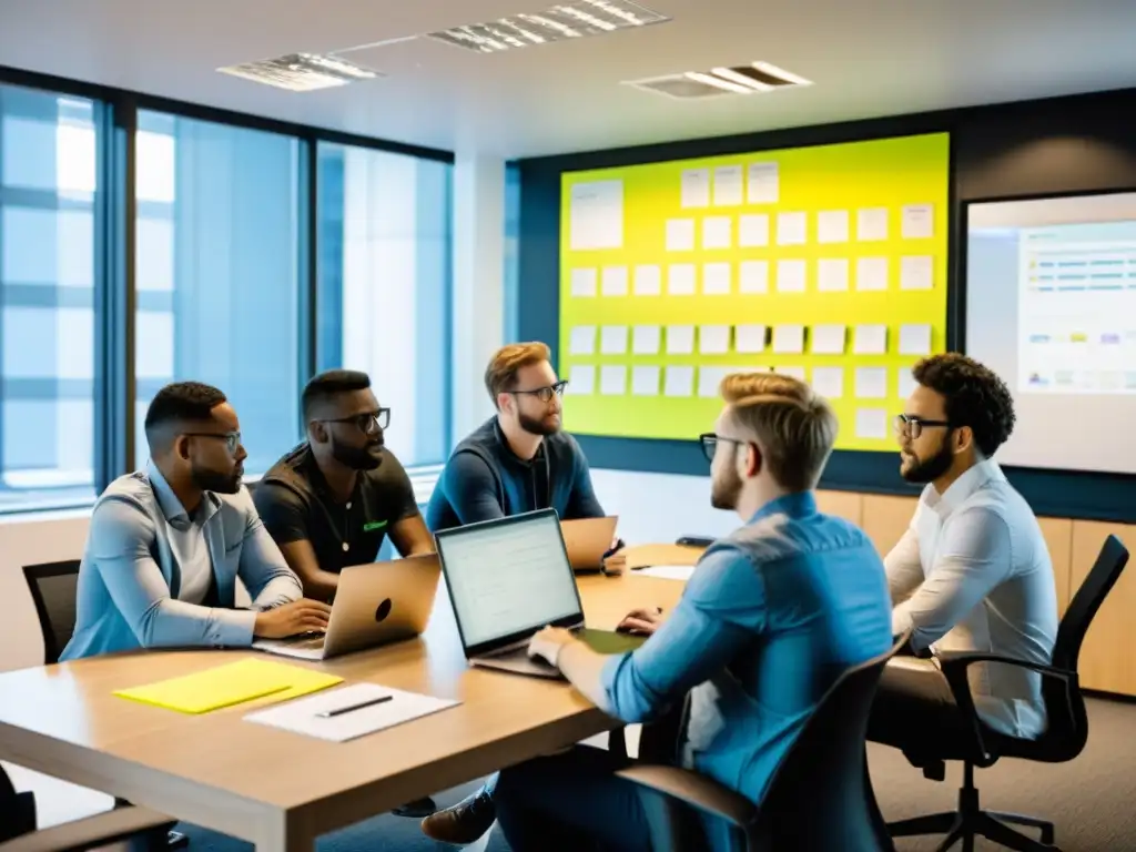 Equipo de desarrolladores de software colaborando en una oficina moderna Equipo de desarrollo de aplicaciones móviles en una oficina moderna, colaborando en código