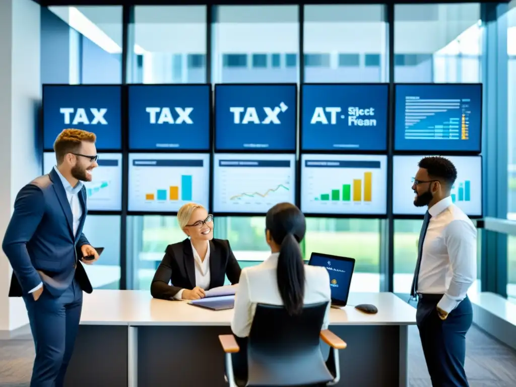 Equipo de profesionales de impuestos y contabilidad en oficina moderna Un equipo diverso de contadores y asesores fiscales colabora en una oficina contemporánea, utilizando software de gestión tributaria para contadores