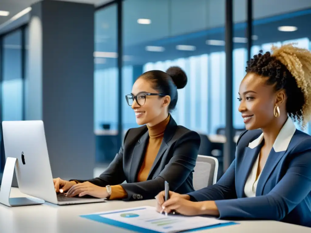 Equipo diverso y profesional gestionando impuestos con innovación Un equipo diverso colabora en un moderno espacio de oficina, utilizando software avanzado para gestión tributaria personalizada