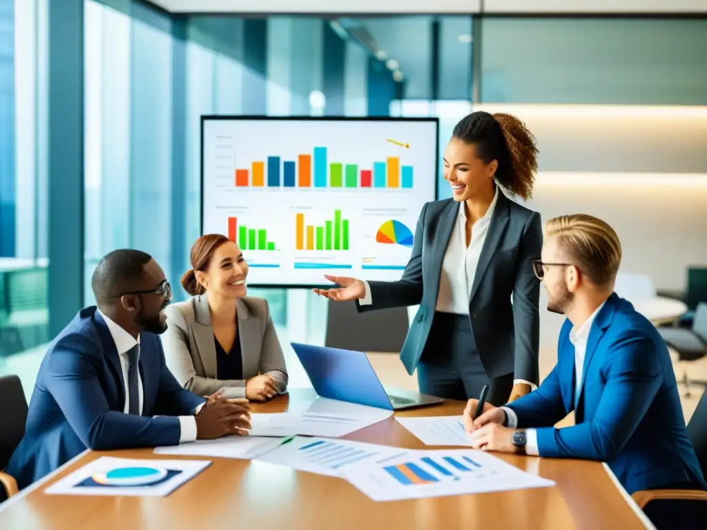 Equipo profesional discutiendo acuerdos comerciales internacionales Un equipo diverso y profesional discute acuerdos comerciales internacionales y regulaciones fiscales en una moderna oficina