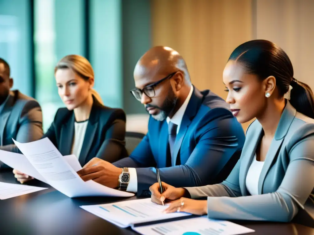 Equipo de profesionales estratégicos en reunión de auditoría Un equipo diverso y profesional discute con enfoque en una mesa de conferencias, preparándose para una auditoría fiscal