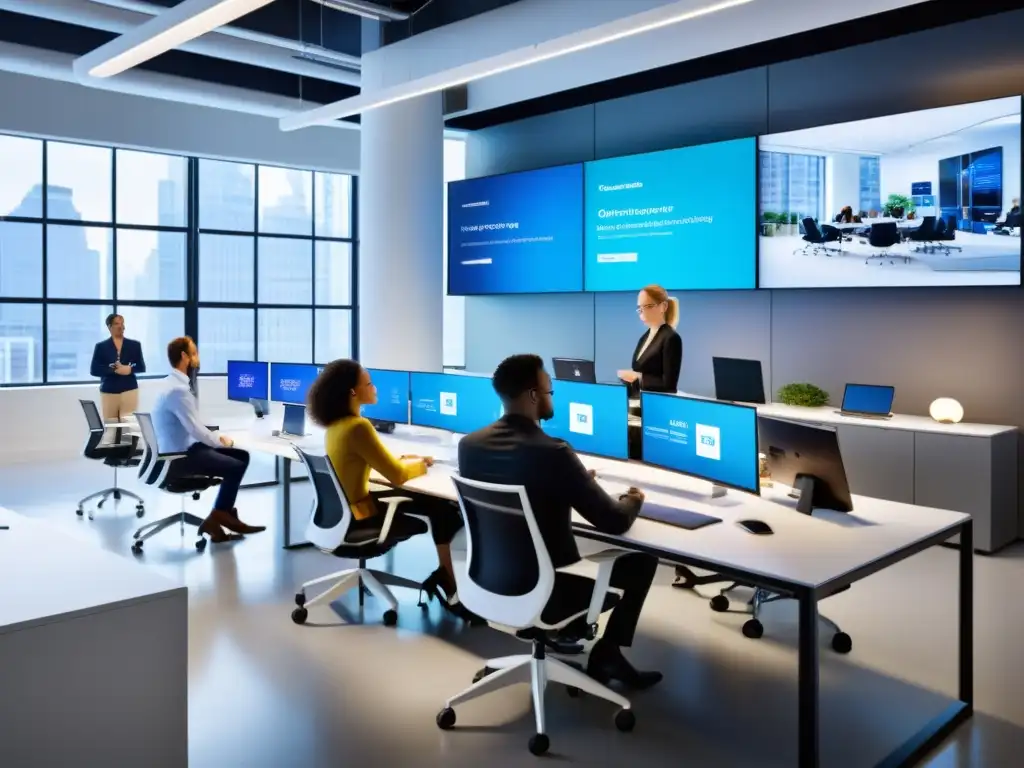 Innovación y colaboración en un espacio de oficina moderno Un equipo diverso de profesionales colabora en un proyecto de tecnología en una oficina moderna, con un ambiente creativo e innovador