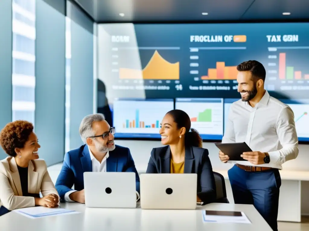 Profesionales internacionales debaten reformas fiscales en una oficina moderna en España Equipo internacional diverso en oficina moderna en España, debatiendo reformas fiscalidad trabajadores extranjeros
