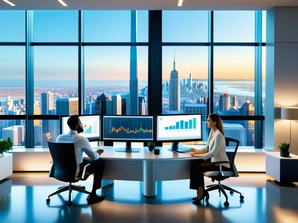 Equipo profesional analizando datos financieros en una oficina moderna Equipo profesional analizando datos financieros en moderna oficina con vistas a la ciudad