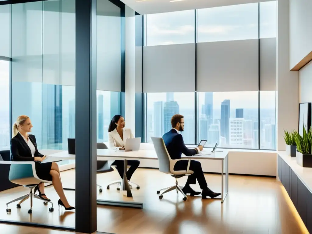 Equipo profesional en oficina moderna analizando documentos financieros Equipo profesional en una oficina moderna discutiendo documentos financieros y gráficos, mostrando un enfoque colaborativo y proactivo para la auditoría fiscal preventiva en la empresa