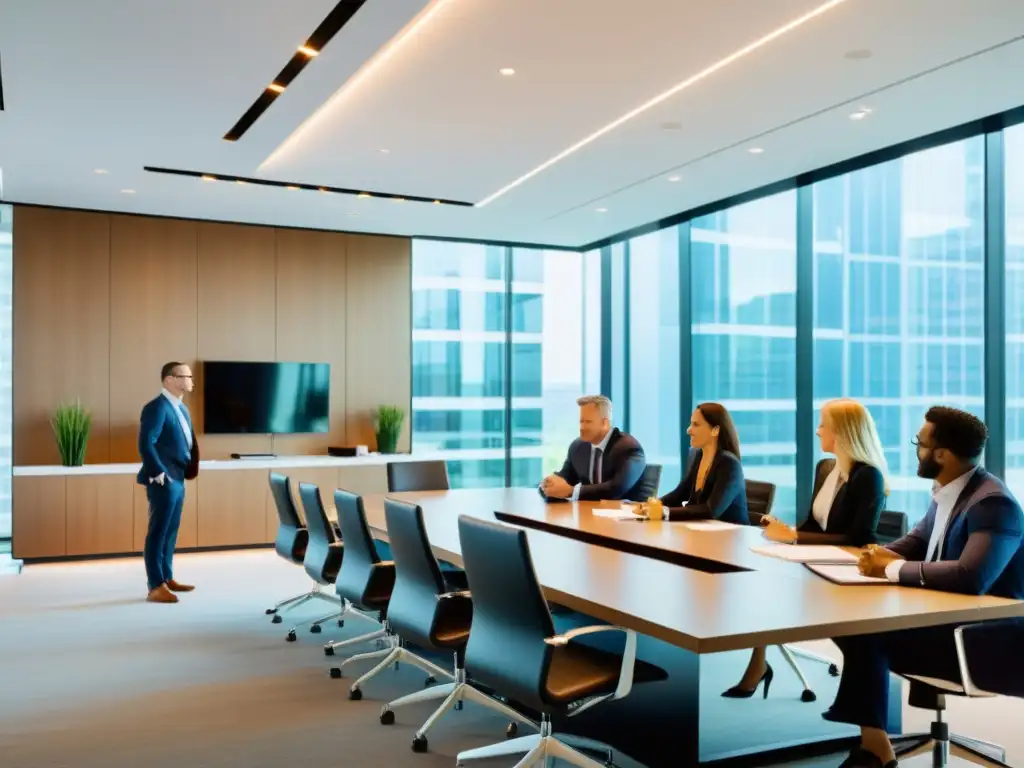 Abogados expertos en derecho fiscal debaten en oficina moderna Un equipo de profesionales del derecho tributario en una oficina moderna, colaborando y compartiendo conocimientos sobre regulaciones financieras