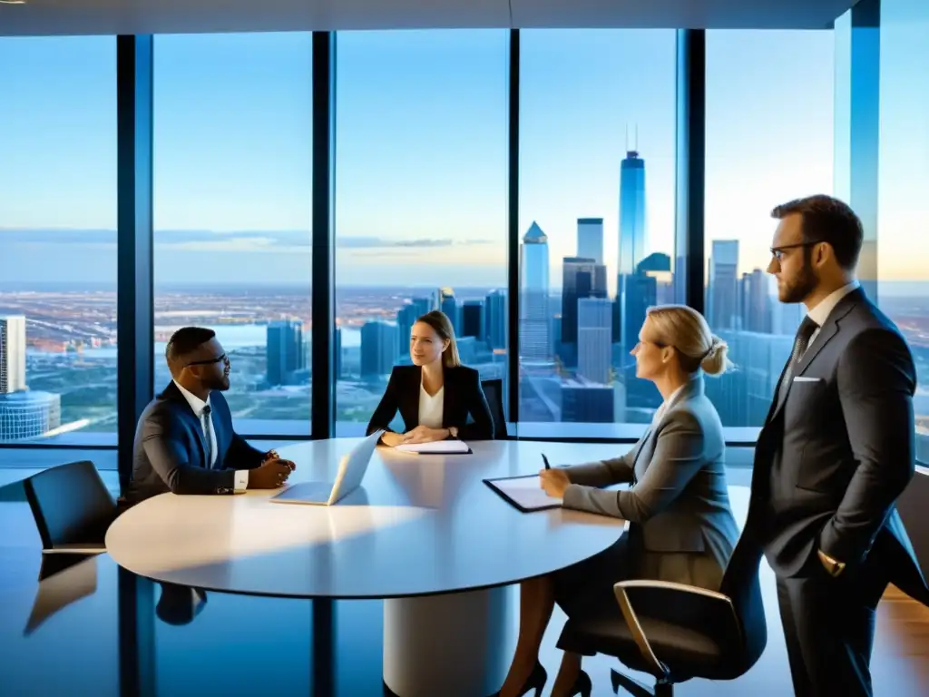 Estrategias fiscales en la oficina: expertos analizan datos Equipo de profesionales fiscales revisando documentos financieros y discutiendo estrategias fiscales en una moderna sala de juntas corporativa con vistas a la ciudad