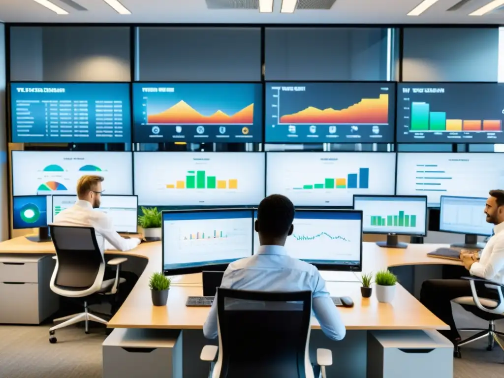 Profesionales colaborando en moderna oficina con software de impuestos Un equipo de profesionales colaborando en un moderno espacio de oficina, utilizando herramientas de gestión tributaria para auditorías internas