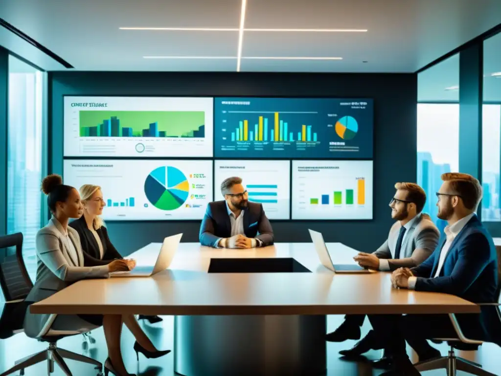Equipo profesional colaborando en software de gestión fiscal Equipo de profesionales en una oficina moderna, colaborando en software de gestión tributaria