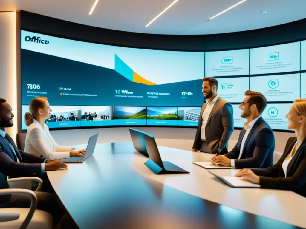 Software de gestión fiscal: Colaboración y Productividad Un equipo de profesionales usa un software gestión tributaria para decisiones en un moderno y acogedor espacio de oficina