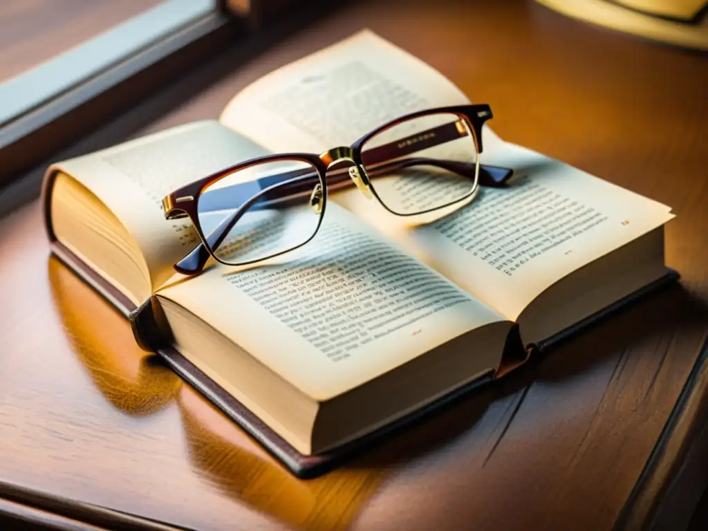 Libro antiguo y gafas: herencia y elegancia Una escena atemporal: un libro de cuero vintage abierto en un escritorio de madera, con gafas de lectura