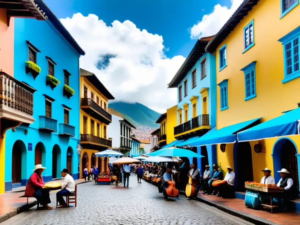 Vibrante escena callejera en La Candelaria, Bogotá Una escena bulliciosa en La Candelaria, Bogotá