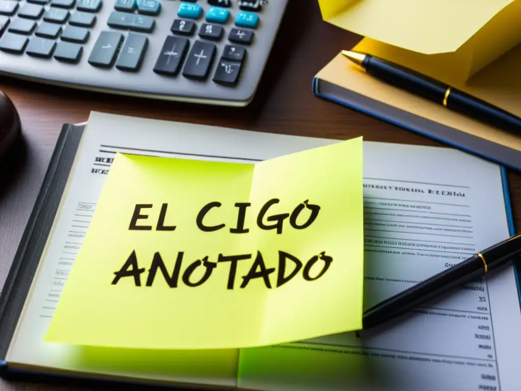 Estudio de ley tributaria: tradición y modernidad Una escena cálida y contrastante: 'El Código Tributario Anotado' rodeado de modernidad, con anotaciones detalladas y notas adhesivas
