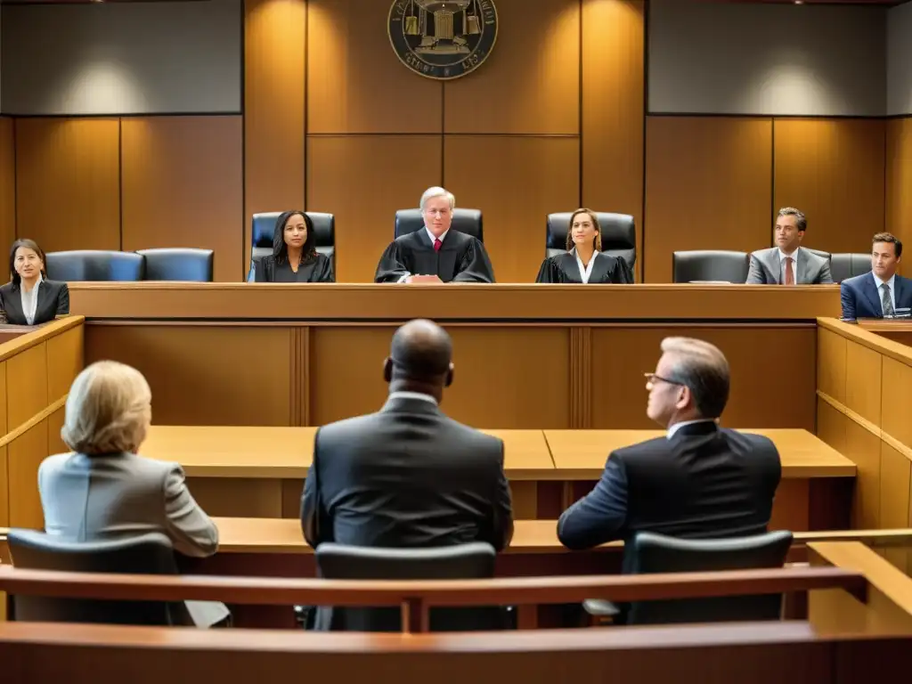 Escena impactante de un caso legal de impuestos en el tribunal Escena detallada de una sala de tribunal moderna con jueces, abogados y clientes en un caso de fuentes del derecho tributario