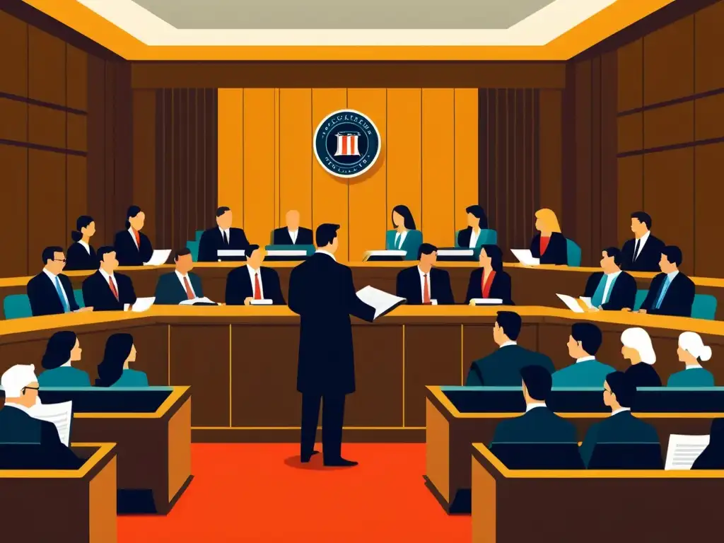 Escena de tribunal: debate por reformas fiscales Escena detallada de tribunal moderno con abogados, jueces y clientes debatiendo sobre reformas tributarias