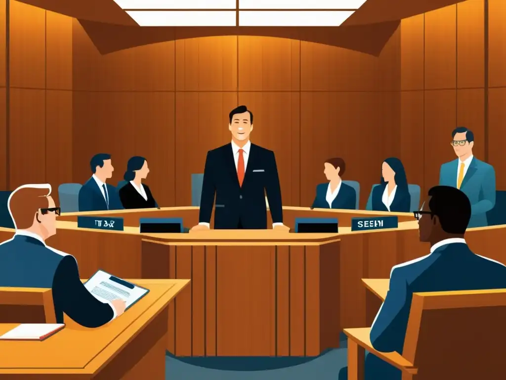 Escena de sala de tribunal: Ley de impuestos para emprendedores Escena detallada de un tribunal moderno donde abogados presentan argumentos, jueces presiden y se examinan documentos financieros, capturando la complejidad de la gestión financiera para emprendedores en impuestos directos