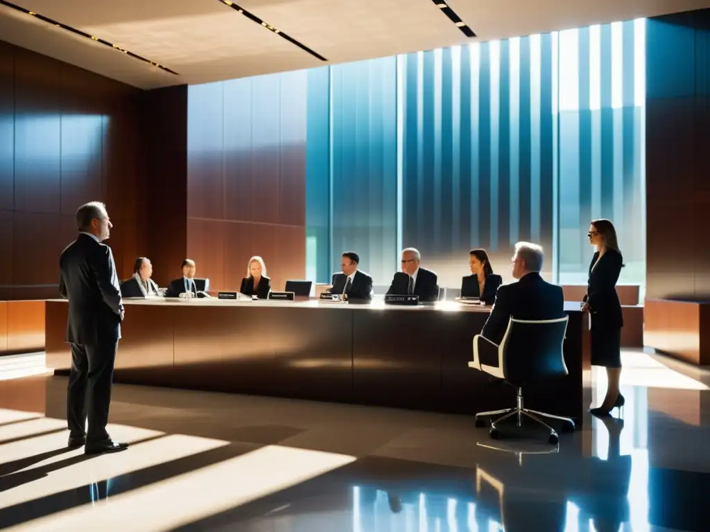 Intensa discusión legal en tribunal moderno Escena intensa en una moderna sala de tribunal con jueces y abogados debatiendo jurisprudencia tributaria casos reales
