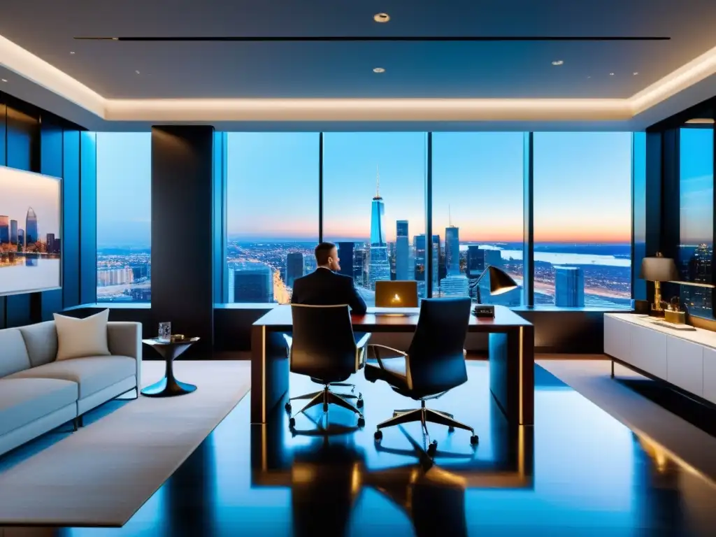 Oficina de lujo con vistas a la ciudad: gestión financiera de élite Escena de lujo en una moderna oficina con vistas a la ciudad, donde se lleva a cabo la planificación patrimonial ante reformas fiscales