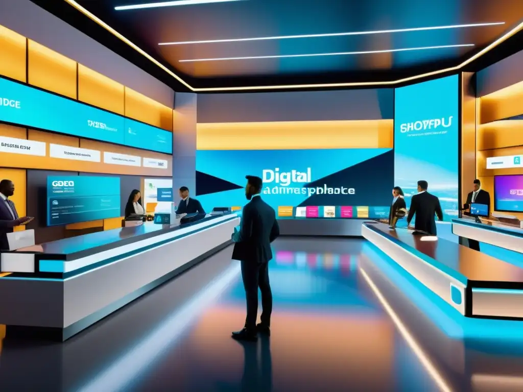 Mercado digital del futuro: desafíos fiscales y tecnológicos Escena de mercado digital futurista con desafíos fiscales comercio electrónico