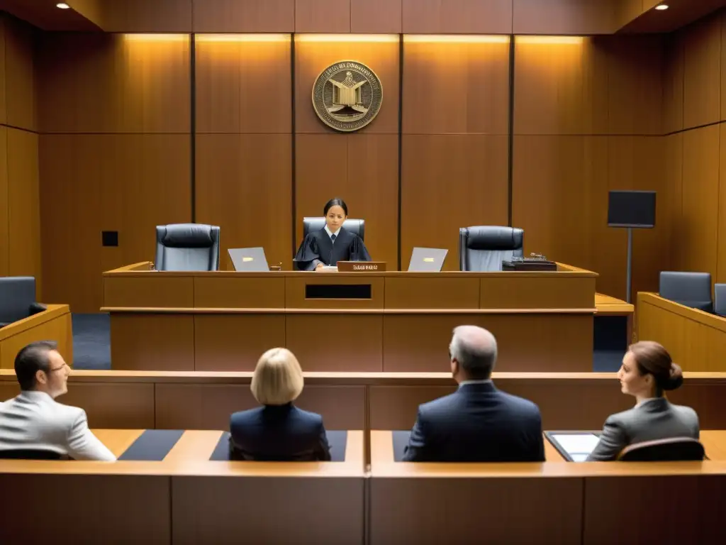 Tribunal moderno: escena legal sofisticada Escena moderna en la sala de juicios, con abogados presentando pruebas y un juez presidiendo el juicio