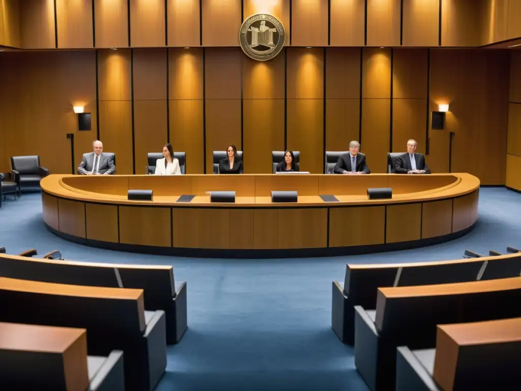 Escena judicial moderna: debate legal con autoridad Escena moderna de un tribunal con jueces, abogados y acusados debatiendo legalmente, con la balanza de la justicia en primer plano