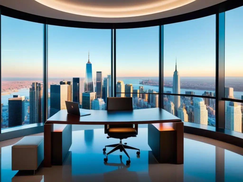 Oficina elegante con vista panorámica y asesor profesional Escena de oficina moderna con vista panorámica a la ciudad y asesor fiscal en una reunión de planificación estratégica