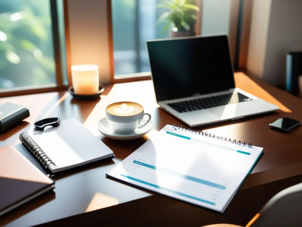 Escritorio de oficina moderno: organización eficiente y profesional Escena profesional de planificación fiscal en un escritorio moderno, con computadora, documentos financieros y café