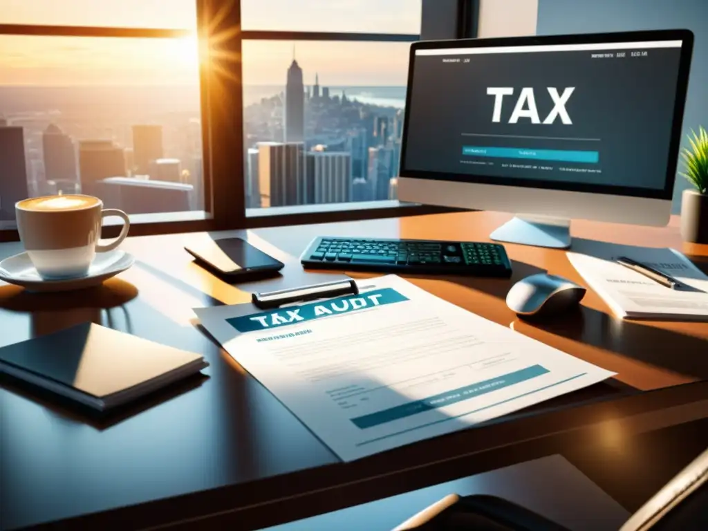 Preparación profesional para auditoría fiscal con moderna oficina Escena profesional para la preparación de auditorías fiscales e impuestos directos, con monitor, documentos y café