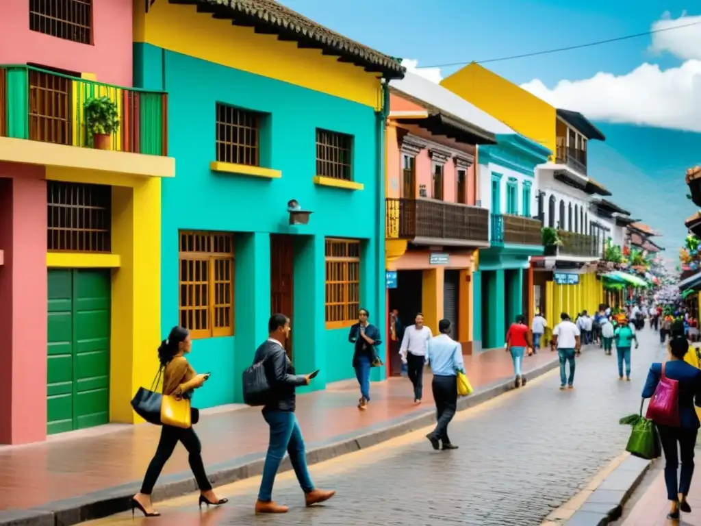 Comercio tradicional y digital en calles colombianas Escena vibrante de comercio tradicional y digital en Colombia, reflejando la fiscalidad del comercio electrónico en el país