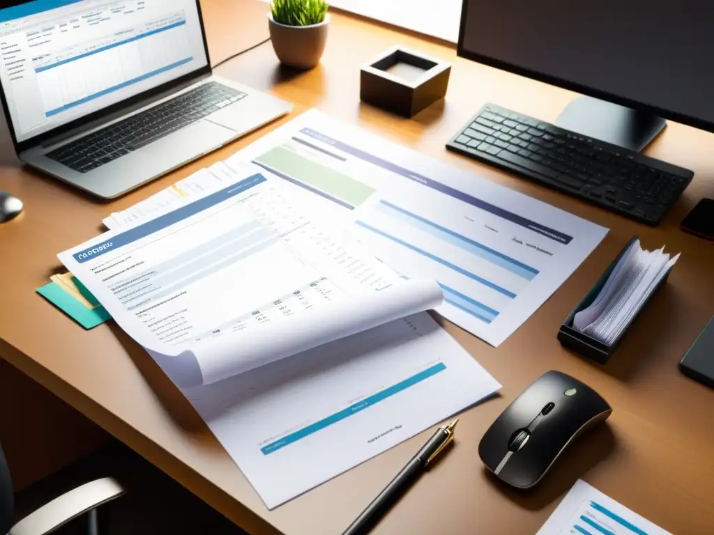 Caos organizado en escritorio moderno: desafíos de documentación fiscal Escritorio desordenado con papeles, folders, recibos y suministros de oficina, refleja los errores comunes en la planificación fiscal