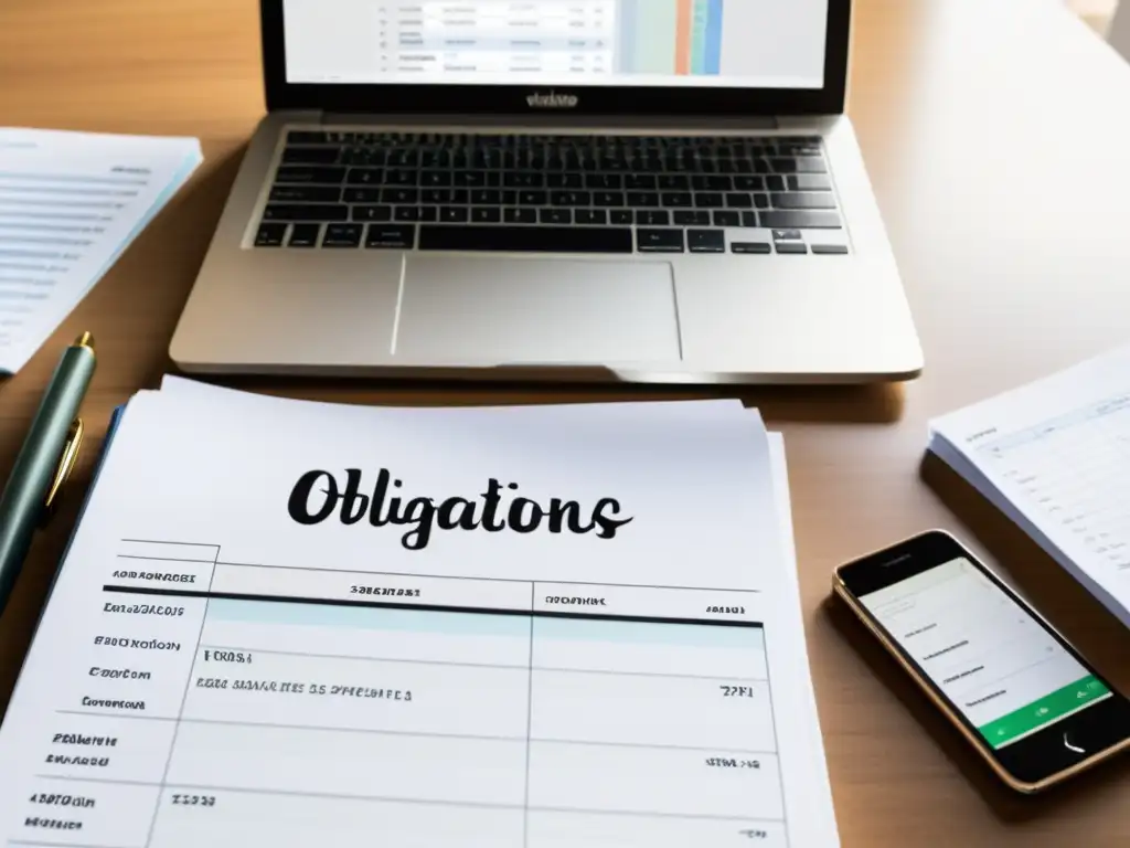 Escritorio de freelancer organizado con laptop y facturas Escritorio de autónomo digital organizado con laptop, facturas, smartphone, y notas de 'obligaciones fiscales'