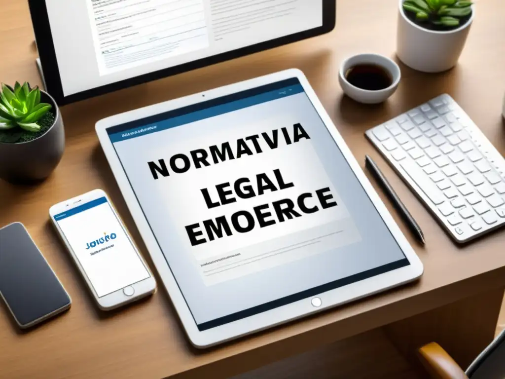 Escritorio minimalista con ecommerce y normativa legal del IVA Escritorio moderno con dispositivos mostrando sitios de ecommerce y documentos legales sobre Fiscalidad del IVA en ecommerce