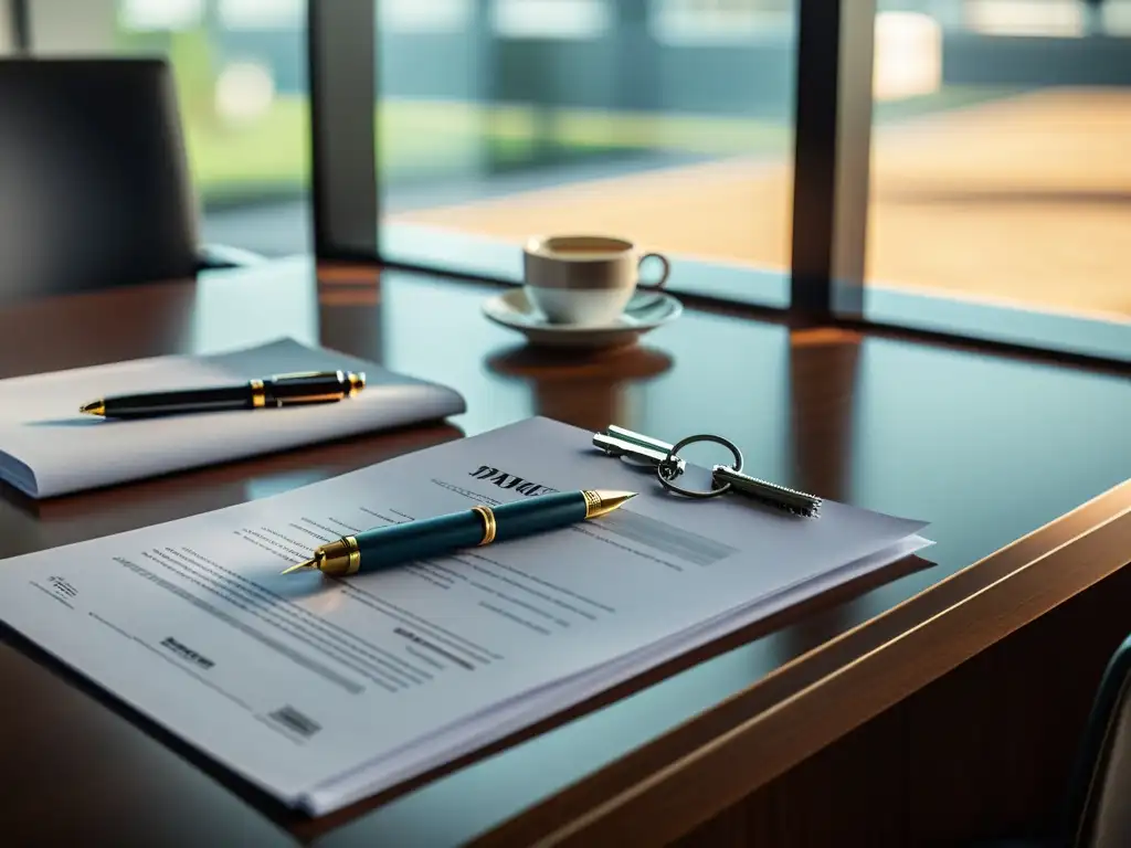 Escritorio profesional con documentos legales y contrato Escritorio moderno con documentos legales, llaves y carpeta de contrato, iluminado por luz natural