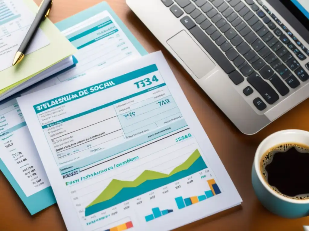 Oficina moderna: Sistema de Seguridad Social en España Escritorio moderno con formulario de impuestos, calculadora y laptop mostrando gráficos financieros